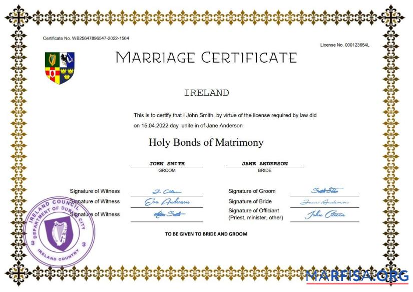 Realistic Ireland marriage certificate Word and PDF template